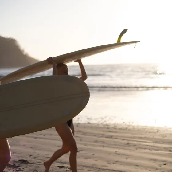 Two surfers carrying a board along the shore